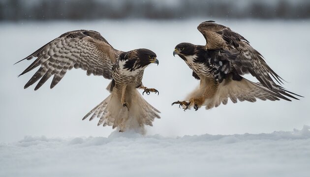 Two hawks or falcons fighting in mid air during snowy weather.