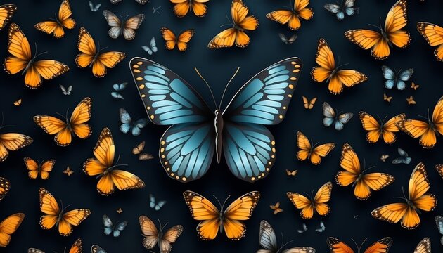 Butterfly mimicry patterns flat design, top view, evolutionary biology theme, 3D render, analogous color scheme