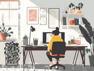 A person working remotely from a cozy home office.