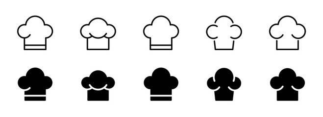 Chef hat icon set. Chef's hat, cook signs collection. Kitchen, restaurant symbol. Vector filled, solid, outline icons