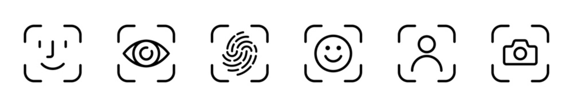Recognition, scan identification icon set. Face security, id biometric icons collection. Vector