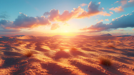 Fototapeta premium An ultra HD view of a nature desert at sunrise, the light casting long shadows and creating a golden glow across the sand