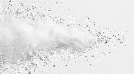 White powder explosion on a white background, creating a subtle and elegant abstract pattern. The fine particles and soft contrast emphasize a sense of purity and delicacy.	