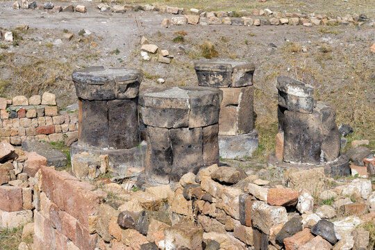 Columns of the Zoroastrian Fire temple, Ani Archaeological site, Kars, Turkey Minor