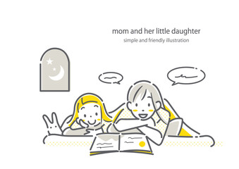 寝る前に一緒に絵本を楽しむ若いお母さんと小さな女の子　シンプルでお洒落な線画イラスト