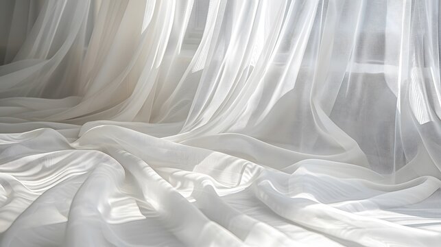 White curtain on white background, transparent sheer material, vertical drapes in the style of curtain material, vertical curtains in the style of curtain fabric.