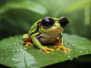 Ein Frosch mit Sonnenbrille auf einem Blatt