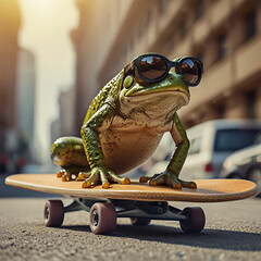 Ein Frosch mit Sonnenbrille auf einem Skatboard in der Stadt