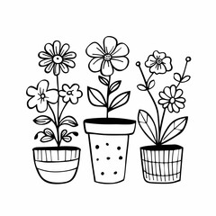 vector plants flowers in pots with black lines .Generative AI