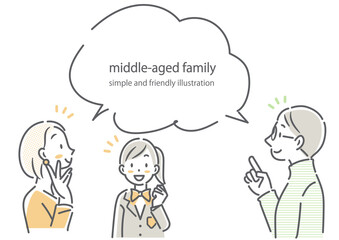 娘と一緒に教育について考えるミドル世代の夫婦　シンプルでお洒落な線画イラスト