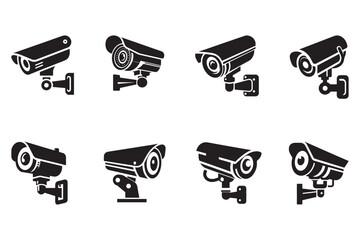 Set of Security Camera Silhouette Vector Illustrations for Surveillance and Monitoring Systems, Featuring Diverse Camera Designs for Home and Commercial Security Solutions, High-Quality EPS Format 