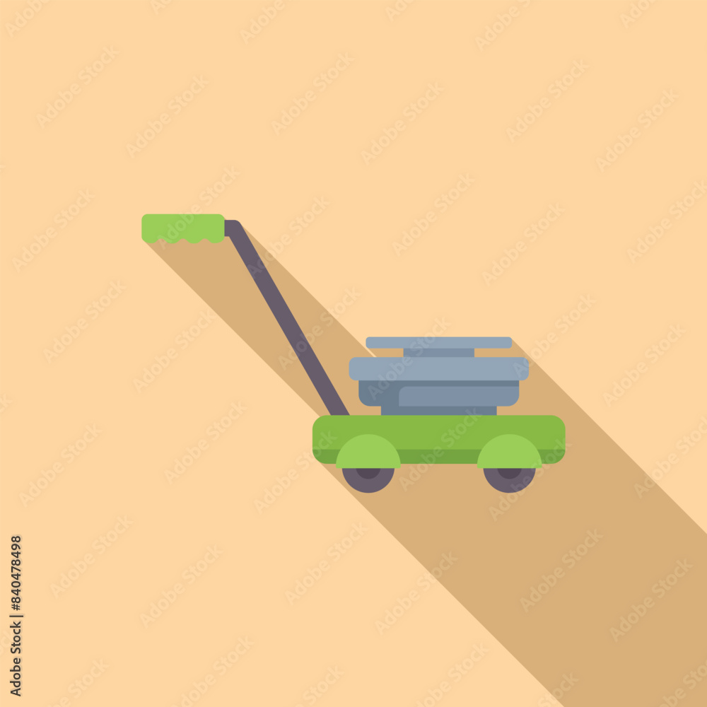 Sticker Flat design vector illustration of a green cartoon lawn mower with long shadow