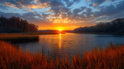 Obraz premium An ultra HD view of a nature riparian meadow at sunrise, the light casting long shadows and creating a golden glow among the grasses