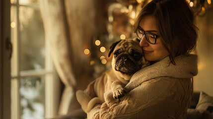 Uma mulher segura carinhosamente um cachorro pug em uma sala bem iluminada, com cortinas e um lustre