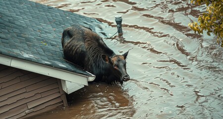 black boar stuck in deep floodwater on the roof