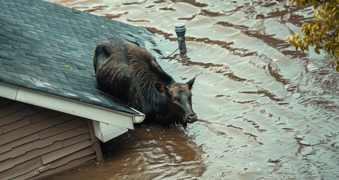 black boar stuck in deep floodwater on the roof