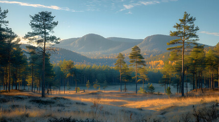 An ultra HD view of a nature forest steppe at sunrise, the light casting long shadows and creating a golden glow across the landscape