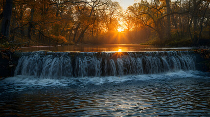 An ultra HD view of a nature waterfall at sunrise, the light casting long shadows and creating a golden glow across the water