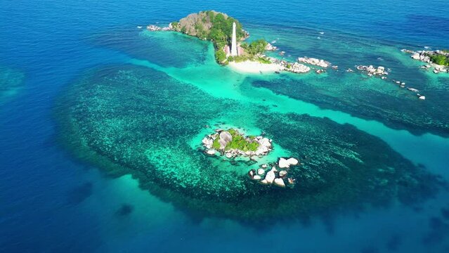 Aerial of Lighthouse, Belitung, island, off the coast of Sumatra, Indonesia, Southeast Asia, Asia