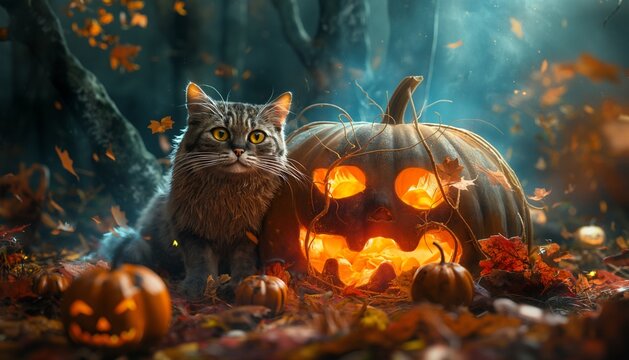 Midnight Guardian: Enormous Pumpkin and Cat in the Haunted Forest, Giant Pumpkin, Giant cat, 