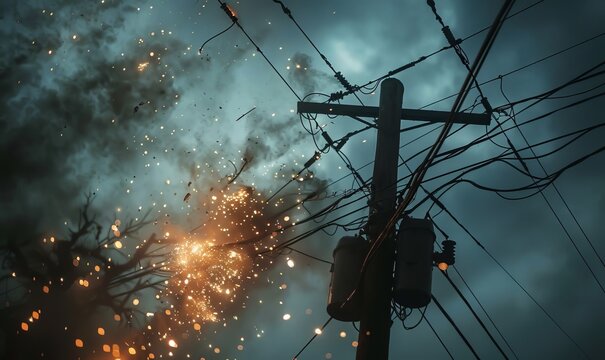 electrical pole with sparks and smoke