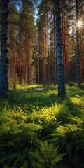 Finnish Nature Day. fabulous nature. green dense forest. green grass. forest vegetation. summer nature. sunset. sunrise