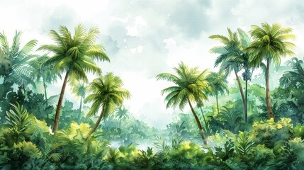 Fototapeta premium Watercolor illustration of a tropical paradise with tall palm trees and dense greenery under a cloudy sky. AI Generative.
