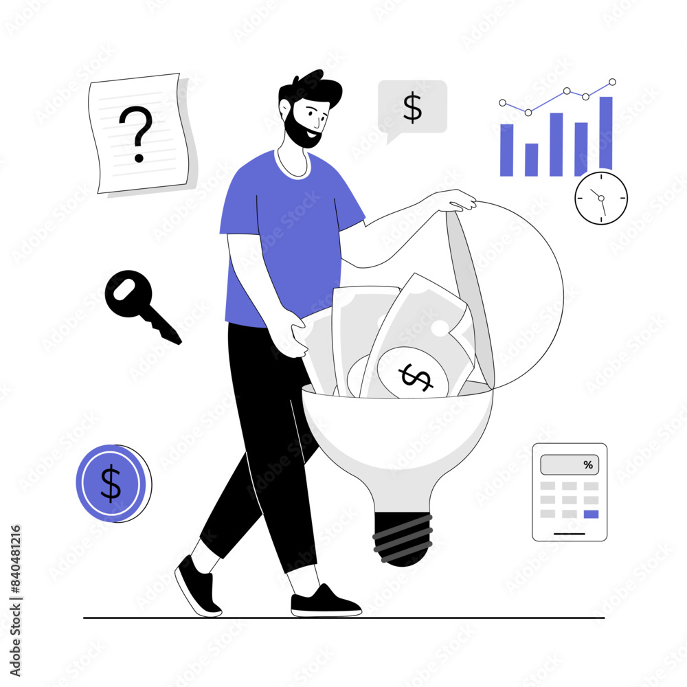 Poster finding ideas, solutions, brainstorming process. businessman open light bulb with full money, profit