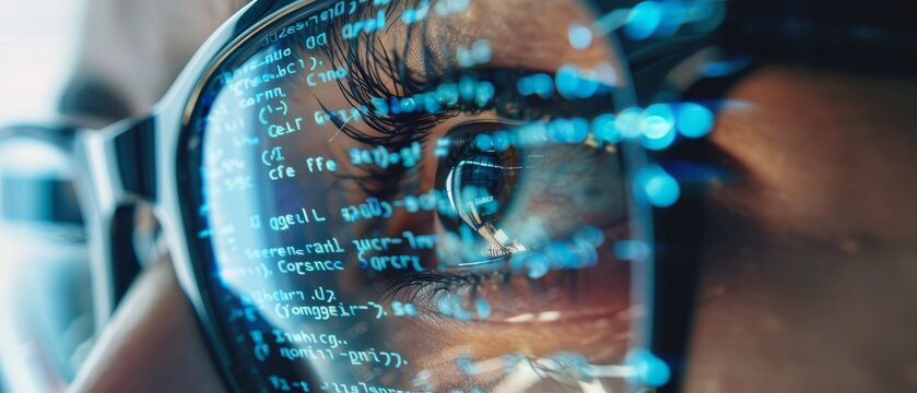 Close-up of a person's eye reflecting computer code, symbolizing technology, data analysis, and digital innovation through eyeglasses.