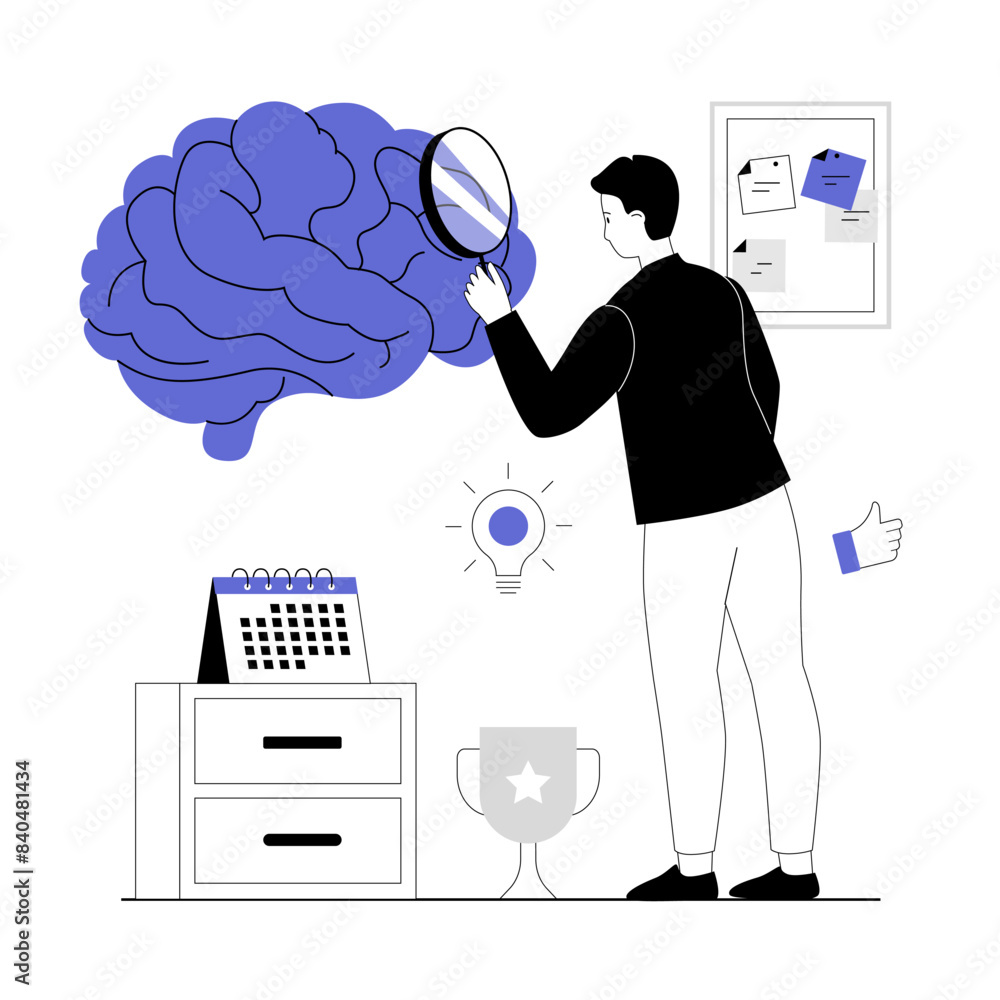 Poster finding ideas, brainstorming process. man examines the brain with a magnifier, finding right solutio