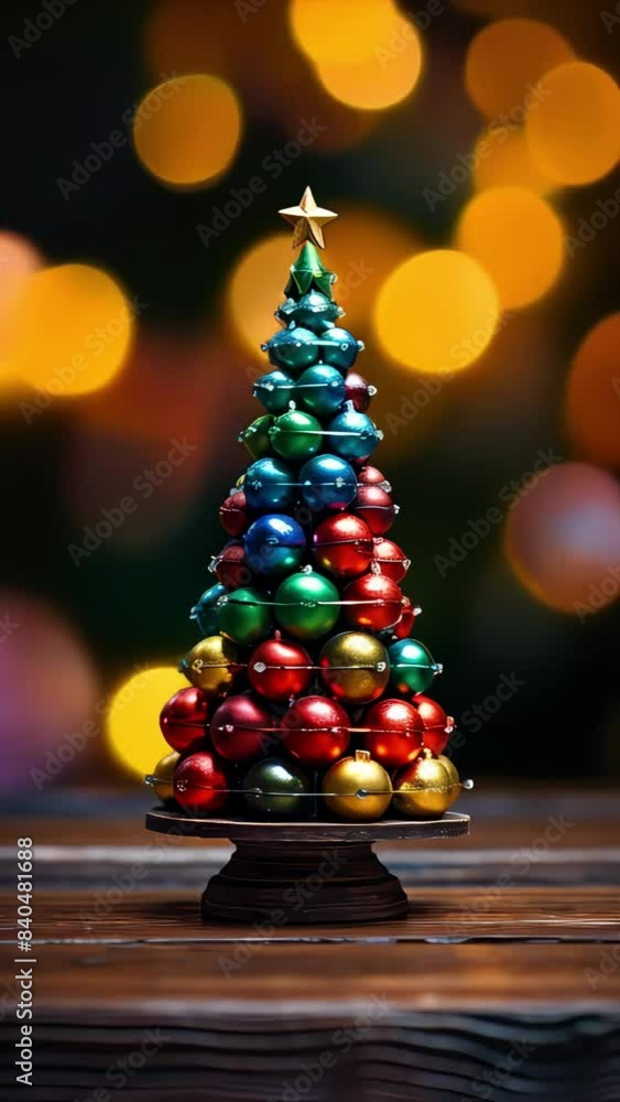 Poster video of small christmas tree is surrounded by many colorful balls. the scene is festive and joyful,