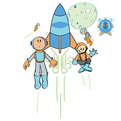 Happy Astronauts in space. Take a Rocketship