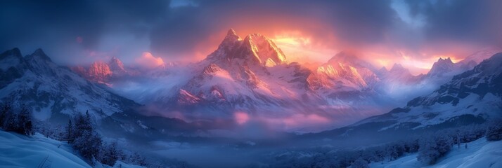snowy mountain at dusk twilight time beautiful ethereal scenery with misty crisp drifting over 