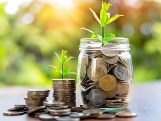 Coins and seedlings in a jar symbolize financial growth, investment, savings, and economic prosperity under sunlight.