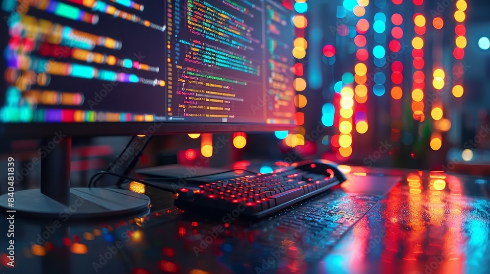 Poster macro shot of a computer screen displaying lines of code, vibrant bokeh lights in the backdrop, illu