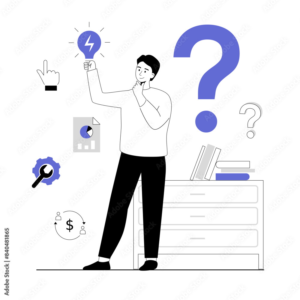 Poster finding ideas, solutions, brainstorming process. finding suitable solutions and strategies. man look
