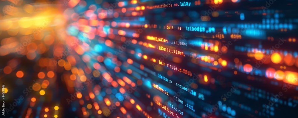 Poster macro shot of a computer screen displaying lines of code, vibrant bokeh lights in the backdrop, illu