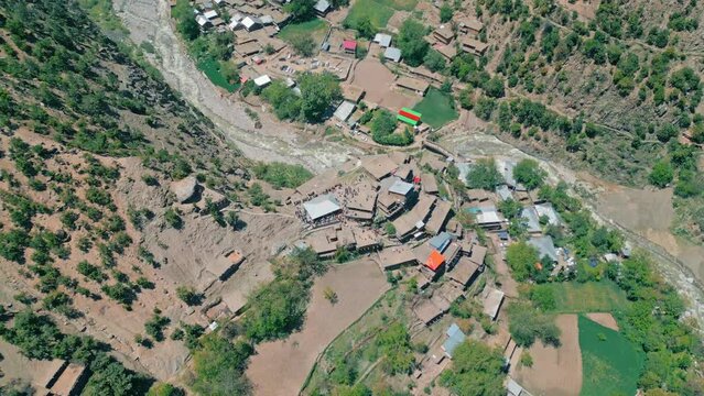 Aerial top down drone footage of Kalash Valley and Chilam Joshi Festival , Rumbur , Chitral, Pakistan