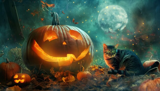 Twilight Terror: Giant Pumpkin and Cat Sentinel in the Eerie Woods, Hallowen, Enormous, Spectral, nighttime, Guardian