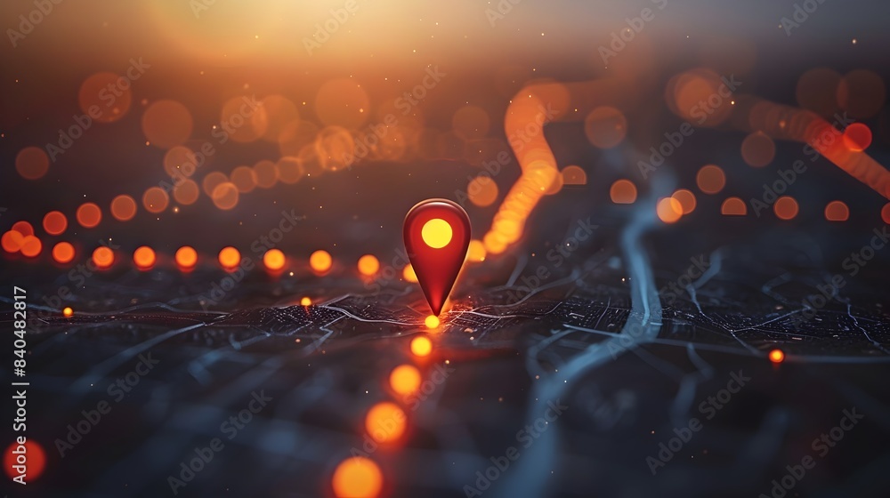 Poster location pin on map with routes for adventure discovery and navigation concept
