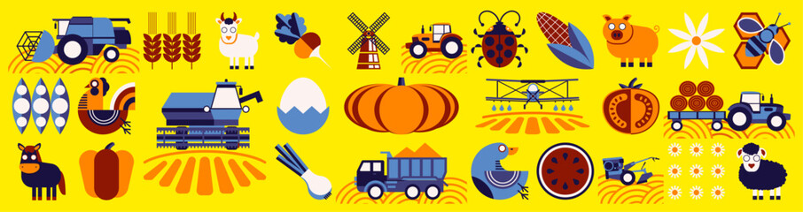 Summer pattern. Agriculture, animal husbandry. Ancient mosaic style. Simple geometric shapes. Textile background of grain, poultry, domestic animals, beekeeping, agricultural machinery, flowers.