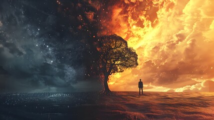 Fototapeta premium Surreal scene of tree dividing day and night, with figure standing in between. Symbolizes balance and duality.