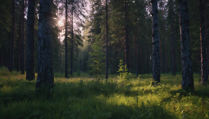 Fototapeta premium Finnish Nature Day. fabulous nature. green dense forest. green grass. forest vegetation. summer nature. sunset. sunrise