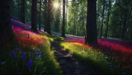 Obraz premium Finnish Nature Day. fabulous nature. green dense forest. green grass. forest vegetation. summer nature. sunset. sunrise. A stream in the forest