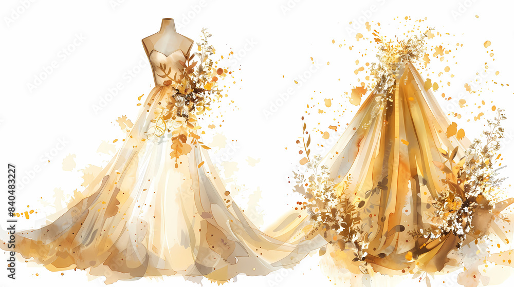 Wall mural watercolor illustration wedding bride dress in gold color