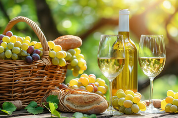 Grapes and wine glasses decorated on a table in the greenery (A.I.-generated)