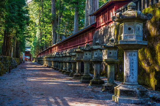 Stone lanterns in the Futarasan Shrine, UNESCO World Heritage Site, Nikko, Tochigi Prefecture, Kanto, Honshu