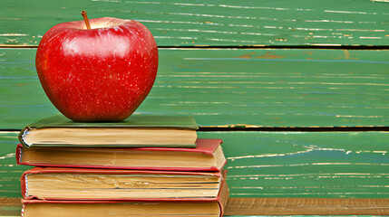 Red apple on a stack of books on a green wooden background. Copy space.
