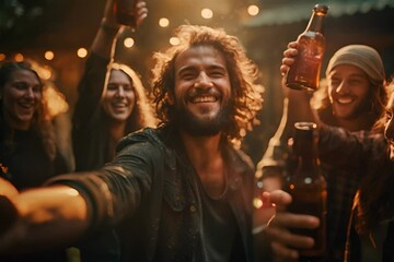 Happy friends drinking beer at brewery bar. Group of people cheering and drinking beer at bar pub table