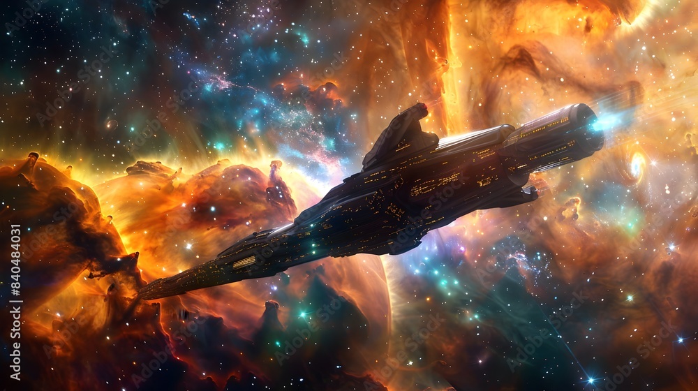 Poster futuristic spaceship traversing vibrant nebula with stellar backdrop
